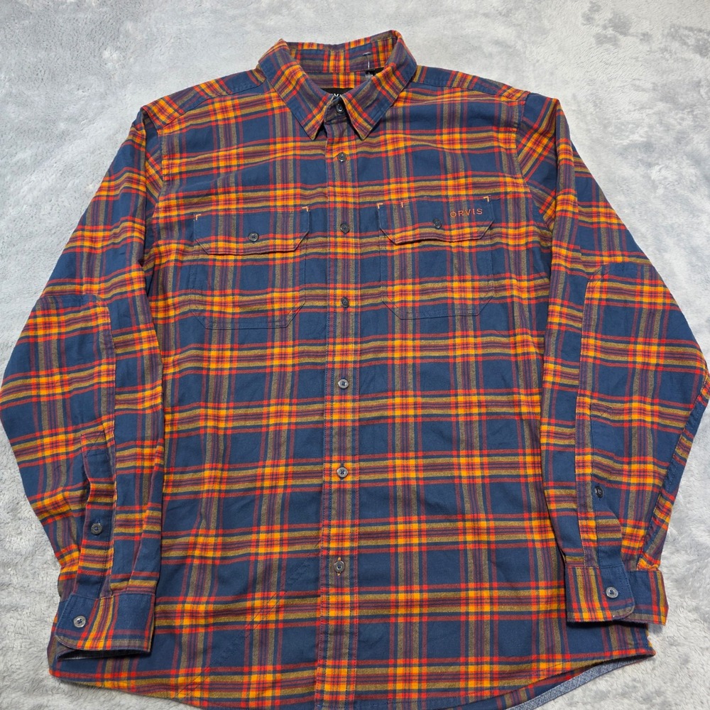 Orvis Men Large Flat Creek Blue Orange Plaid Flannel Shirt Active Elbow Patch